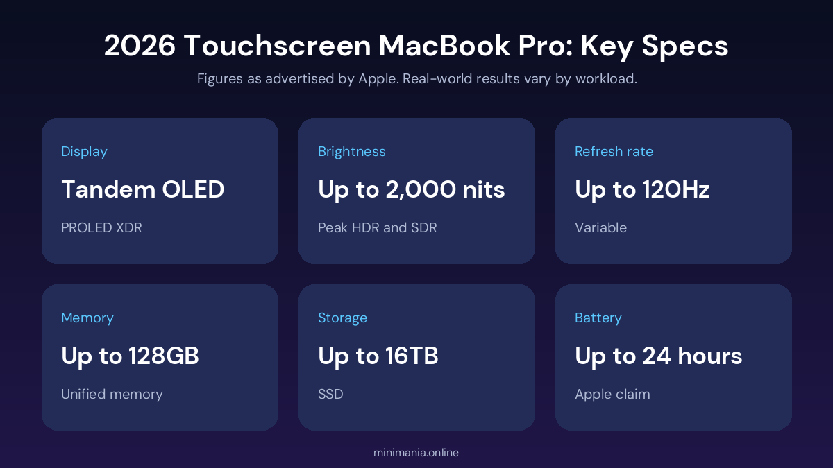 Key specs of the 2026 touchscreen MacBook Pro: tandem OLED, 2,000 nits, 120Hz, 128GB memory, 16TB storage, 24-hour battery