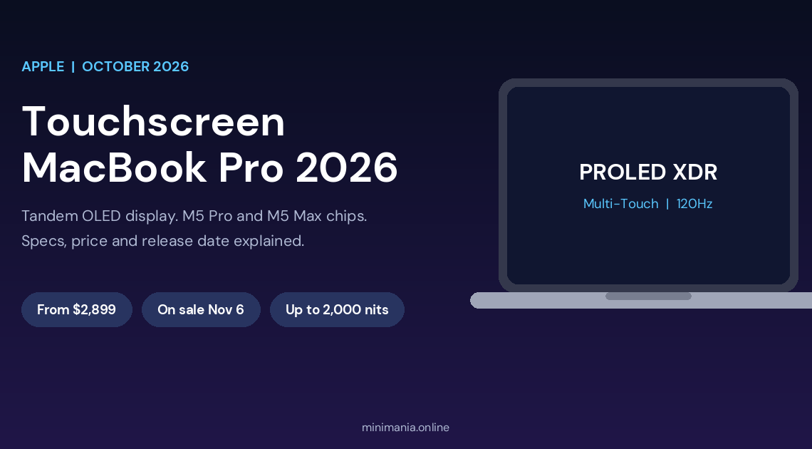 Apple touchscreen MacBook Pro 2026 with tandem OLED PROLED XDR display, M5 Pro and M5 Max